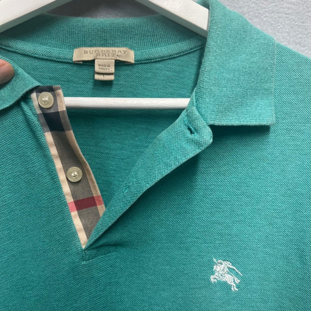 Burberry Brit Men Teal Green Nova Check Placket Polo Shirt L Equestrian Mint con